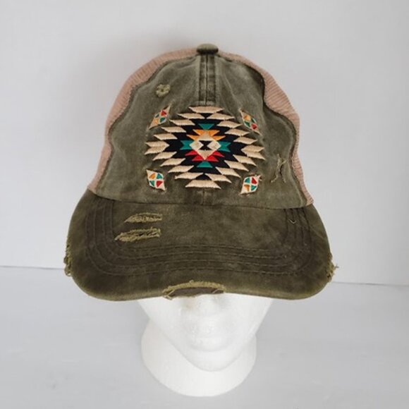 C.C Criss-Cross Ponytail Distressed Mesh Baseball Hat Cap Southwestern Aztec - Picture 2 of 10